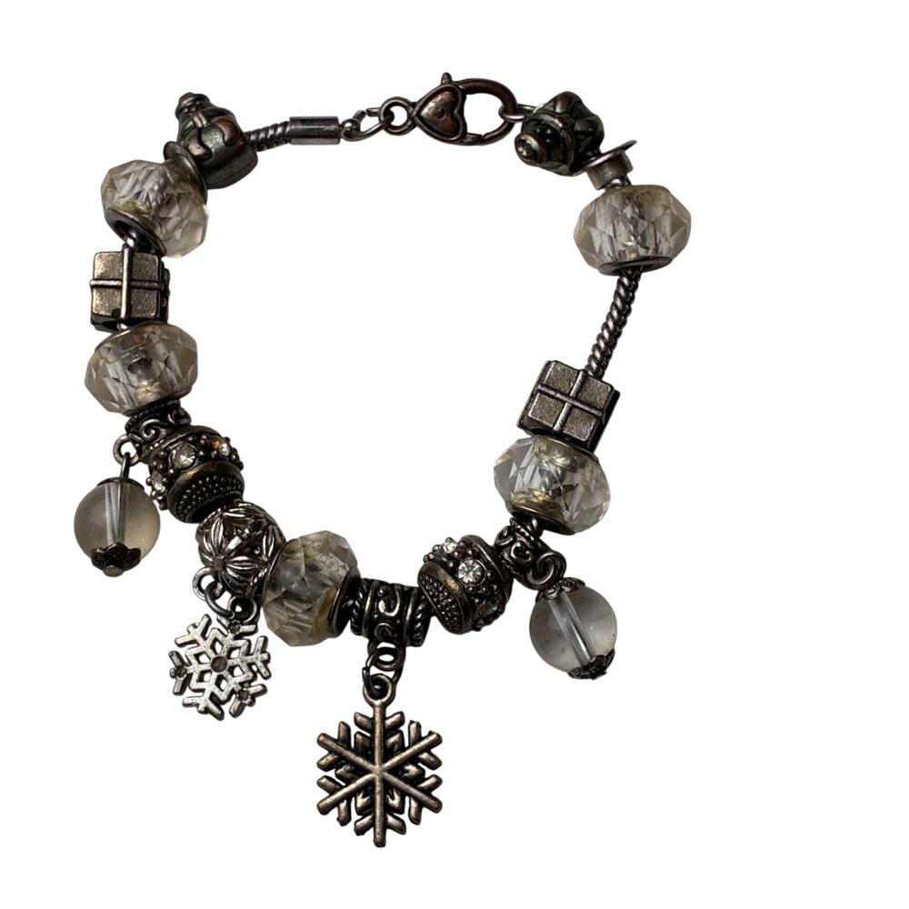 Snowflake Charm Bracelet Christmas Clear Bead Snowman Presents 8" Festive Season